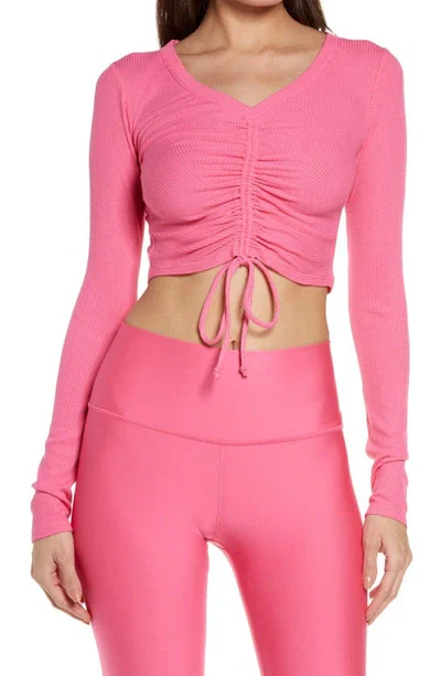 ALO YOGA Ribbed Cinch Cropped Long Sleeve Pink Fuchsia