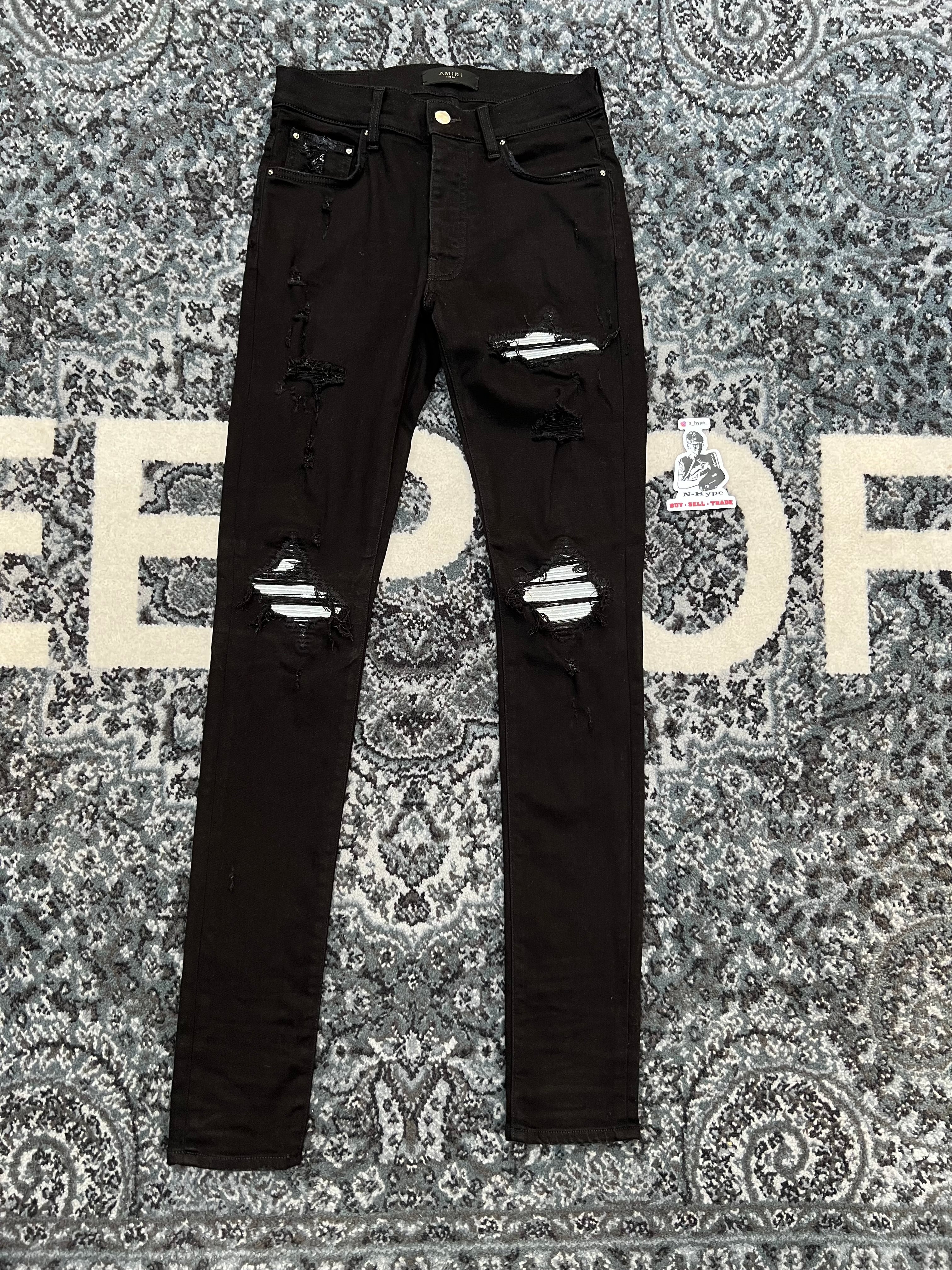 Amiri MX1 Distressed Denim Skinny Jeans Black/Silver
