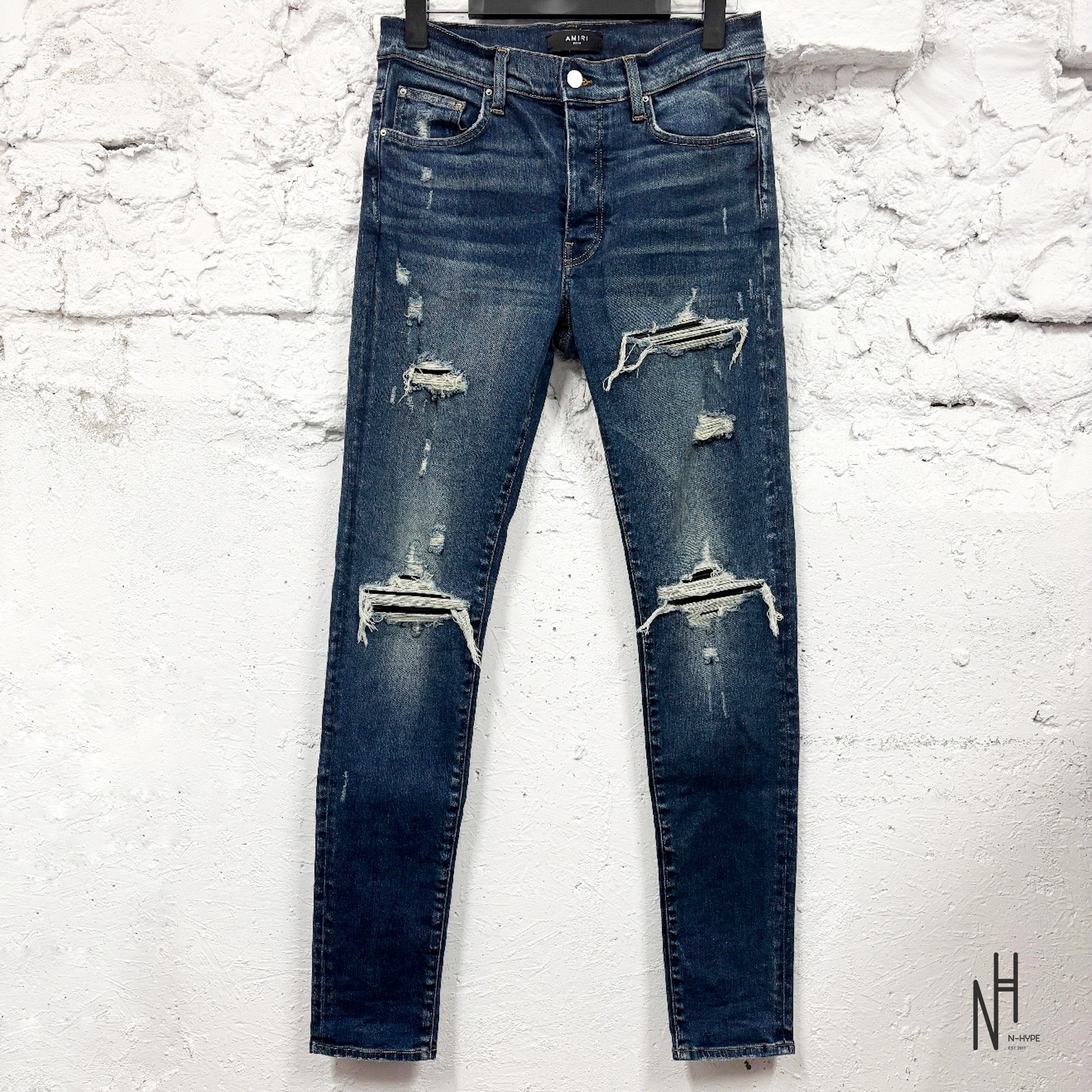 Amiri MX1 Distressed Denim Skinny Jeans Blue