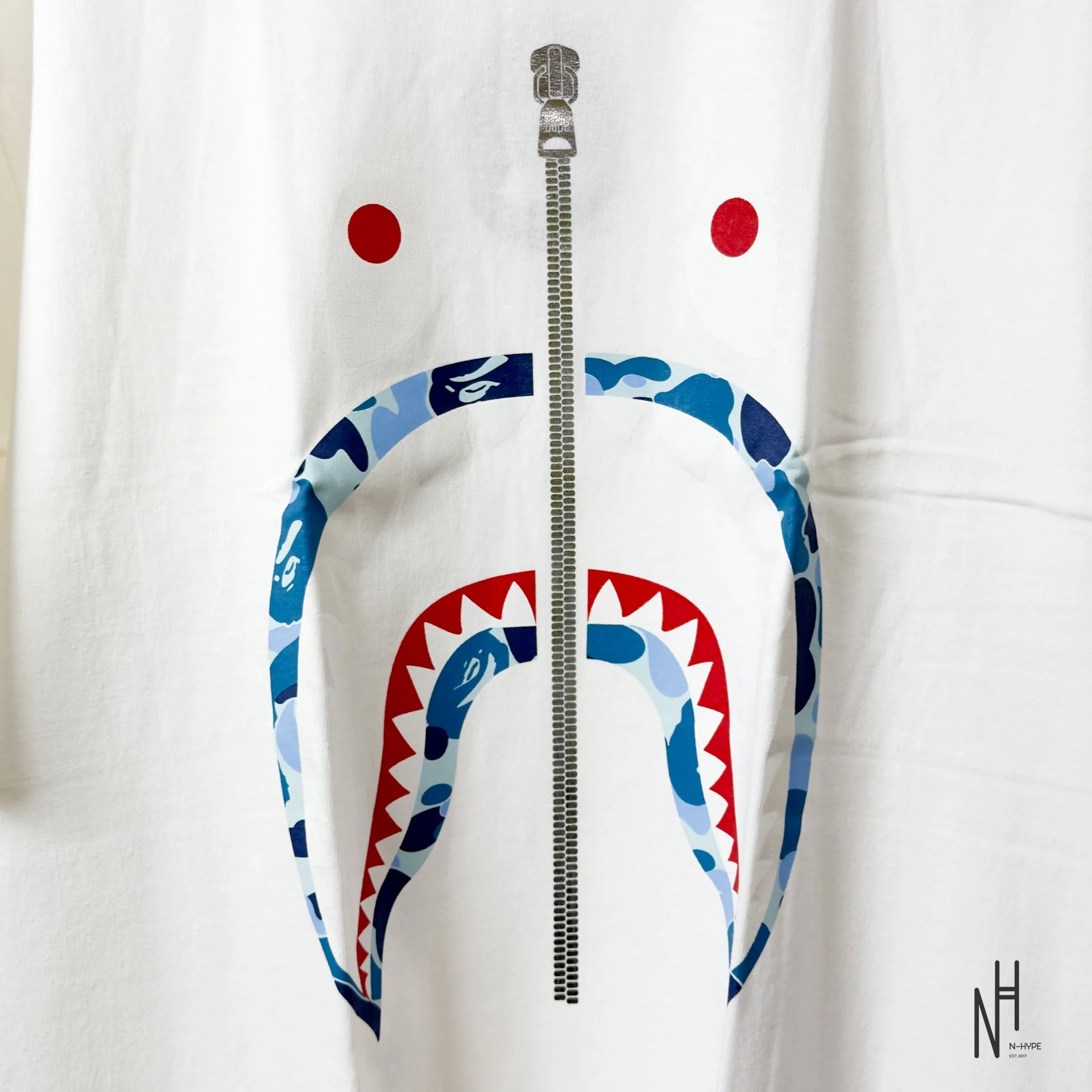BAPE ABC Camo Shark Silver Zip Tee White/Blue - Image 3