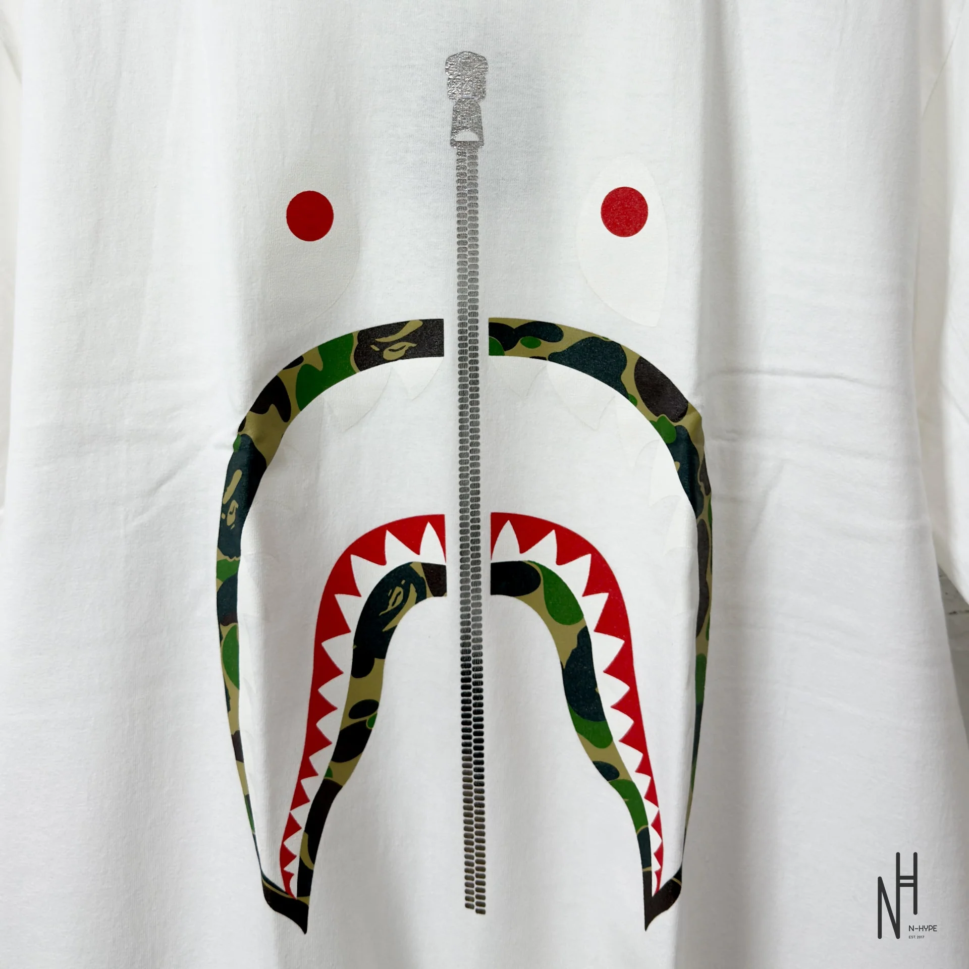 BAPE ABC Camo Shark Silver Zip Tee White Green - Image 2