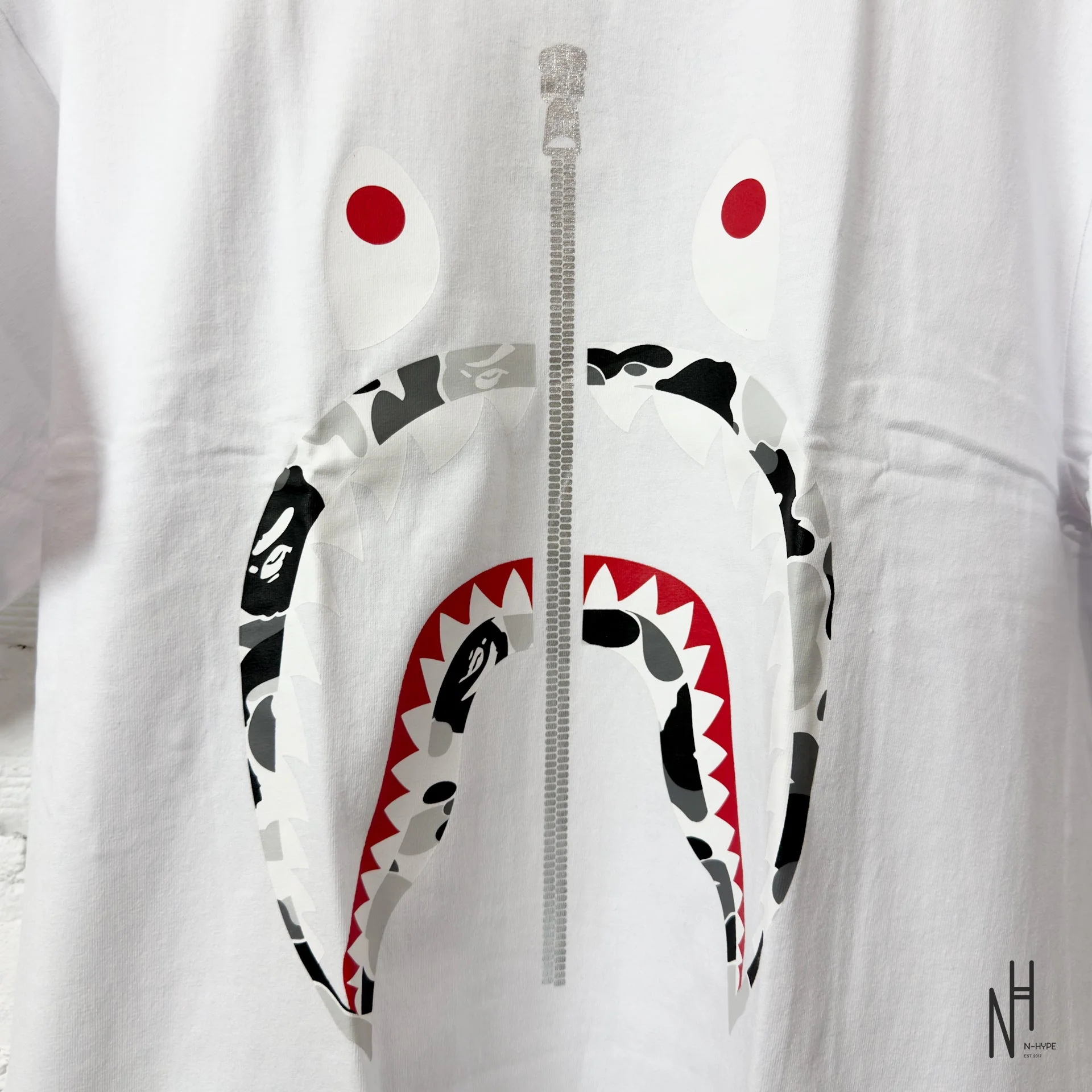 BAPE ABC Camo Shark Silver Zip Tee White Grey - Image 2
