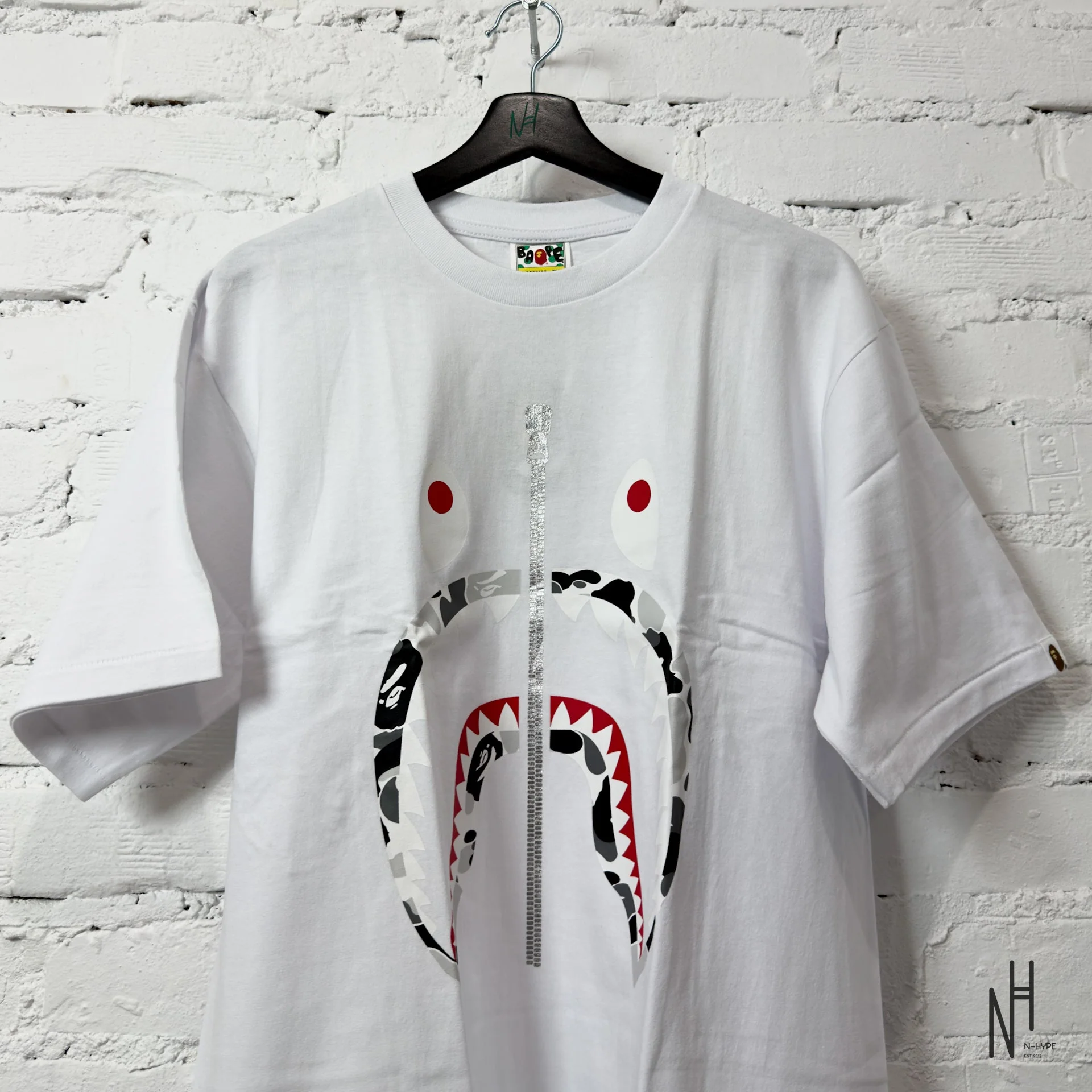 BAPE ABC Camo Shark Silver Zip Tee White Grey - Image 3