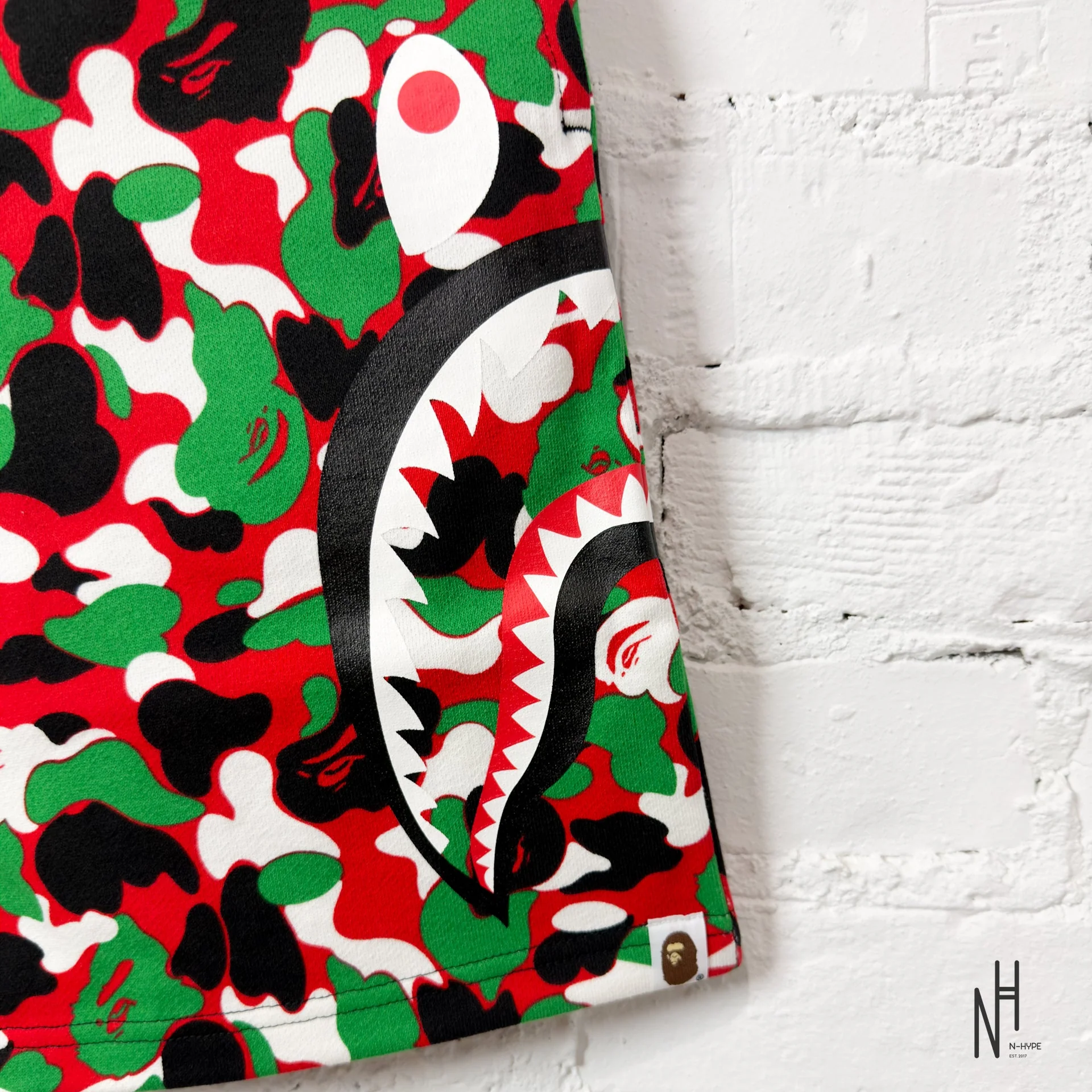 BAPE ABC Camo Side Shark Sweat Shorts Red Multicolor / Black - Image 2