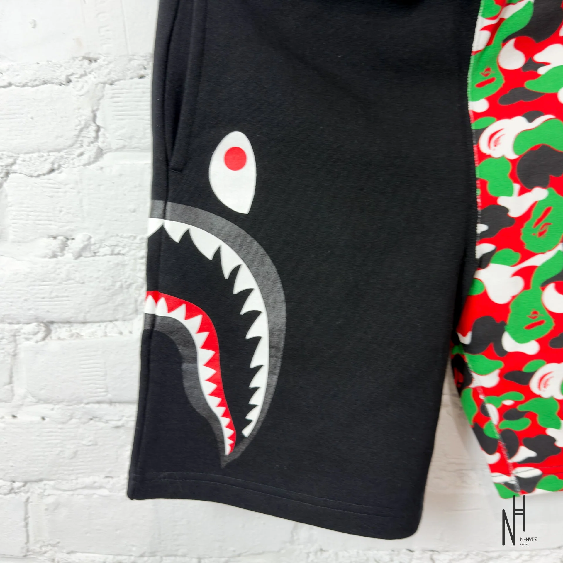 BAPE ABC Camo Side Shark Sweat Shorts Red Multicolor / Black - Image 3
