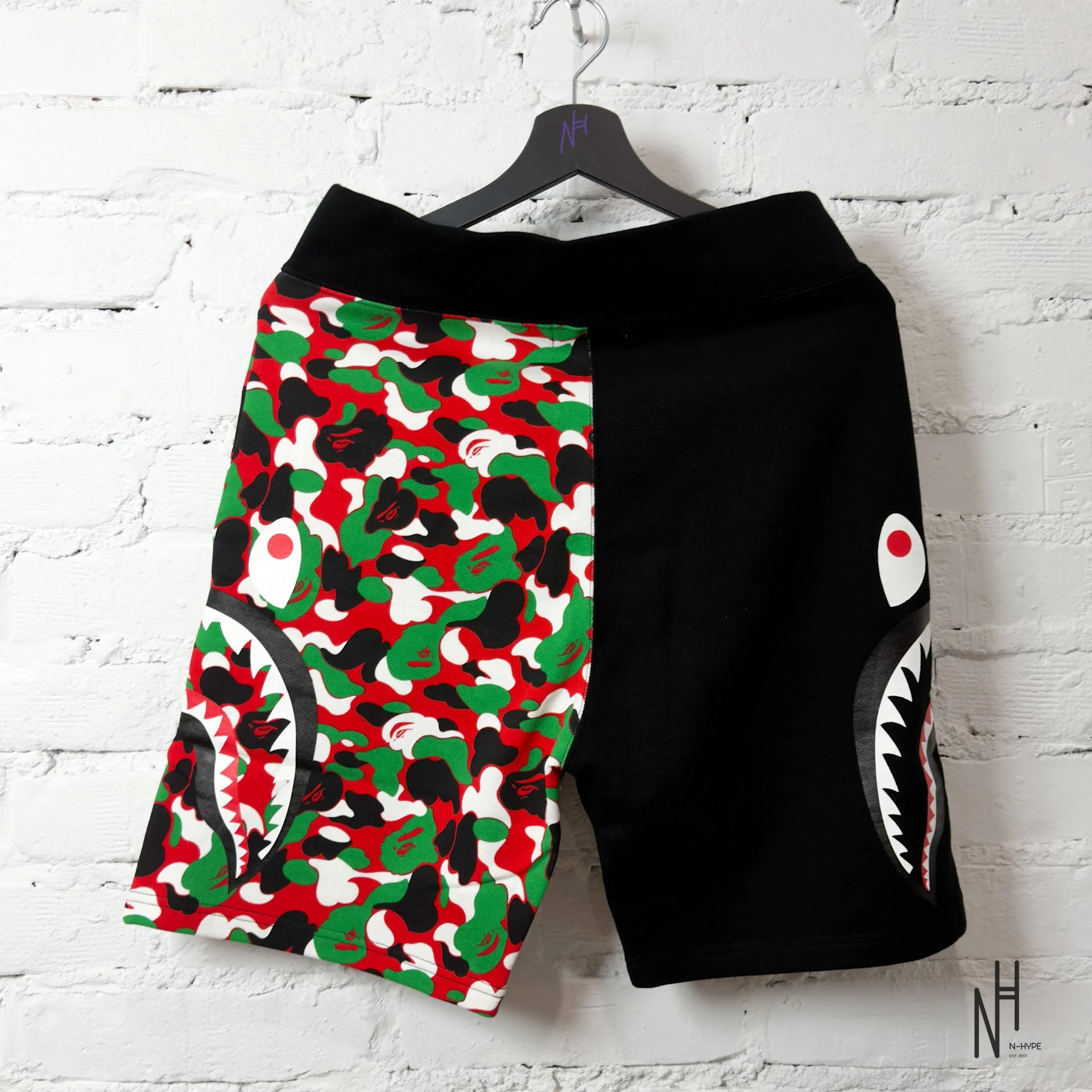 BAPE ABC Camo Side Shark Sweat Shorts Red Multicolor / Black - Image 4