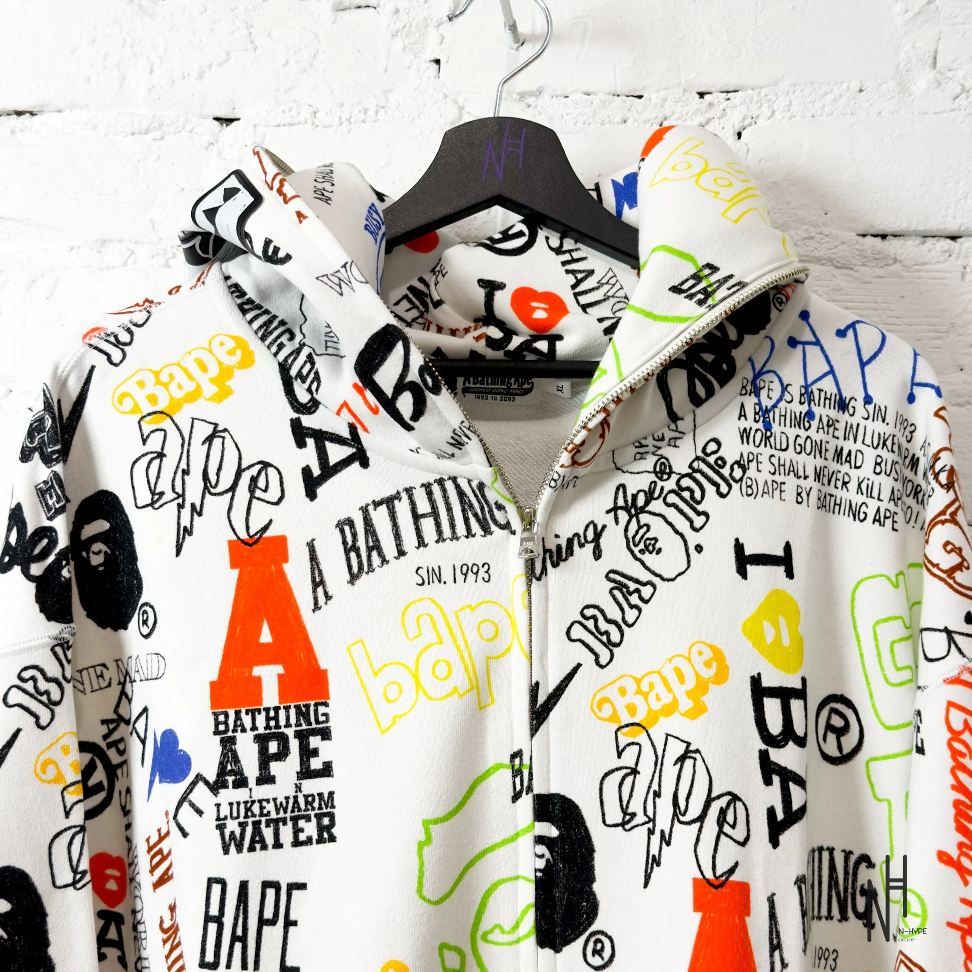 BAPE Hand Draw Pattern Shark Zip Hoodie White - Image 2