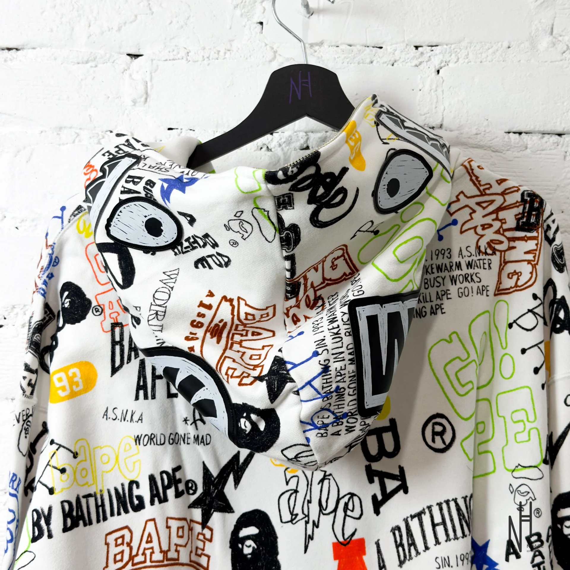 BAPE Hand Draw Pattern Shark Zip Hoodie White - Image 4