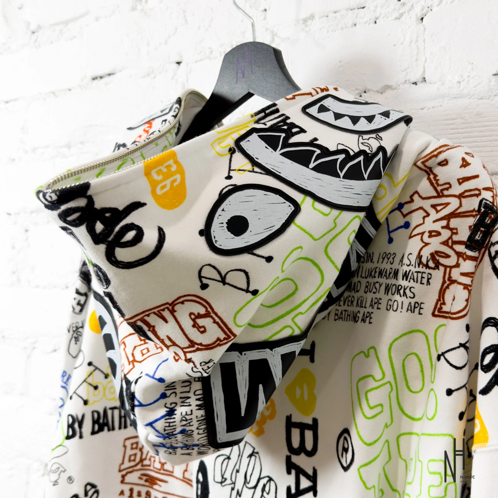 BAPE Hand Draw Pattern Shark Zip Hoodie White - Image 7