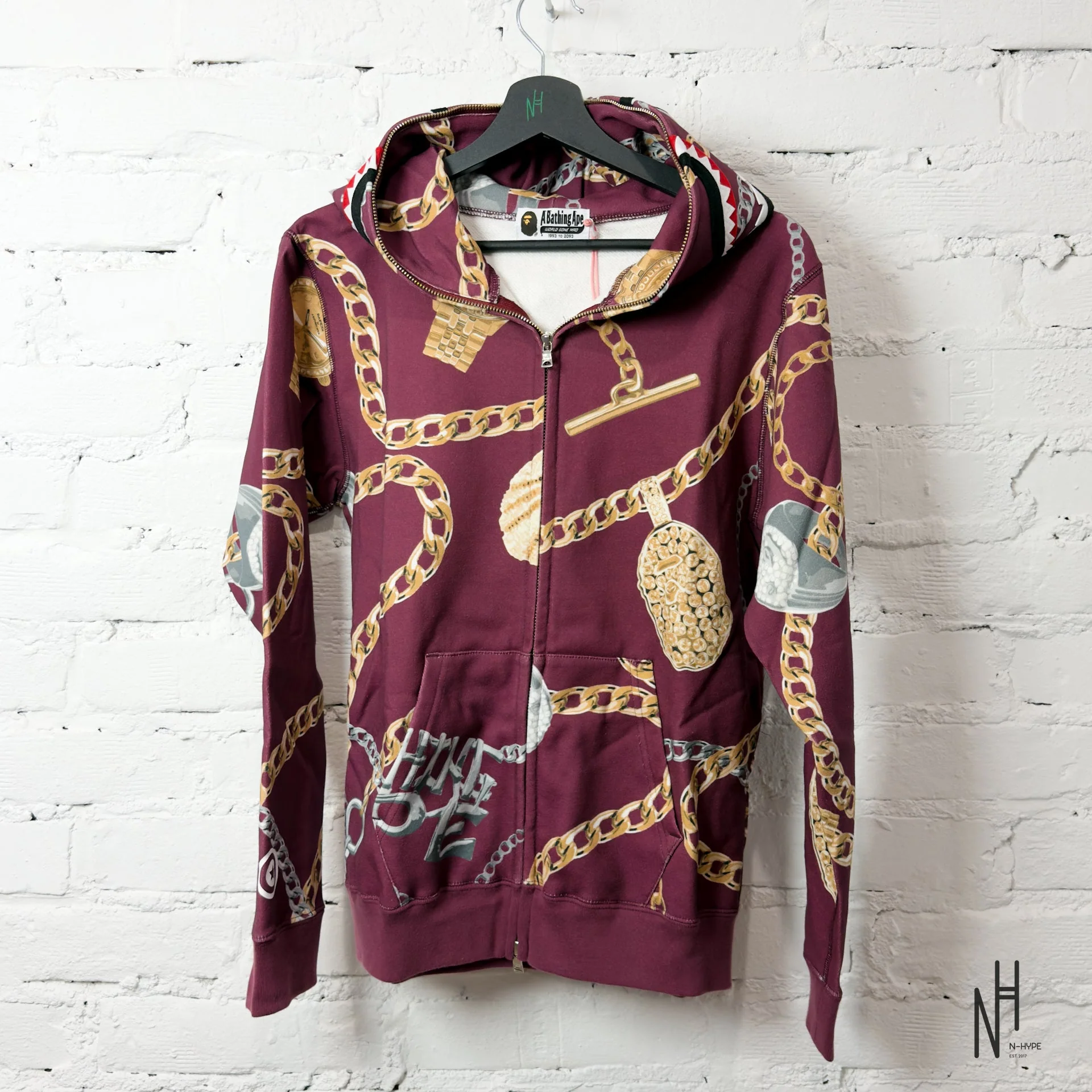 BAPE Jewels Shark Full Zip Hoodie Burgundy
