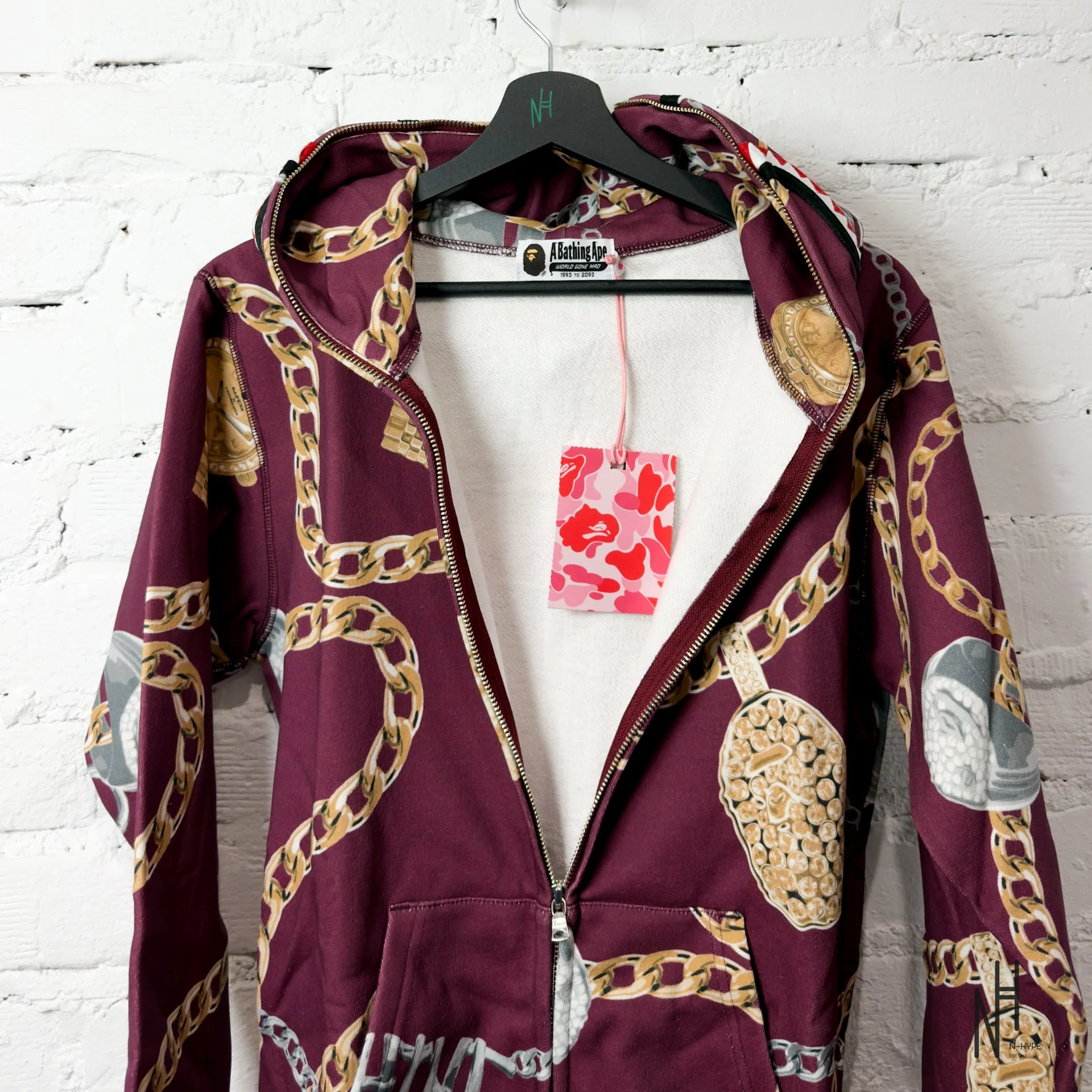 BAPE Jewels Shark Full Zip Hoodie Burgundy - Image 2