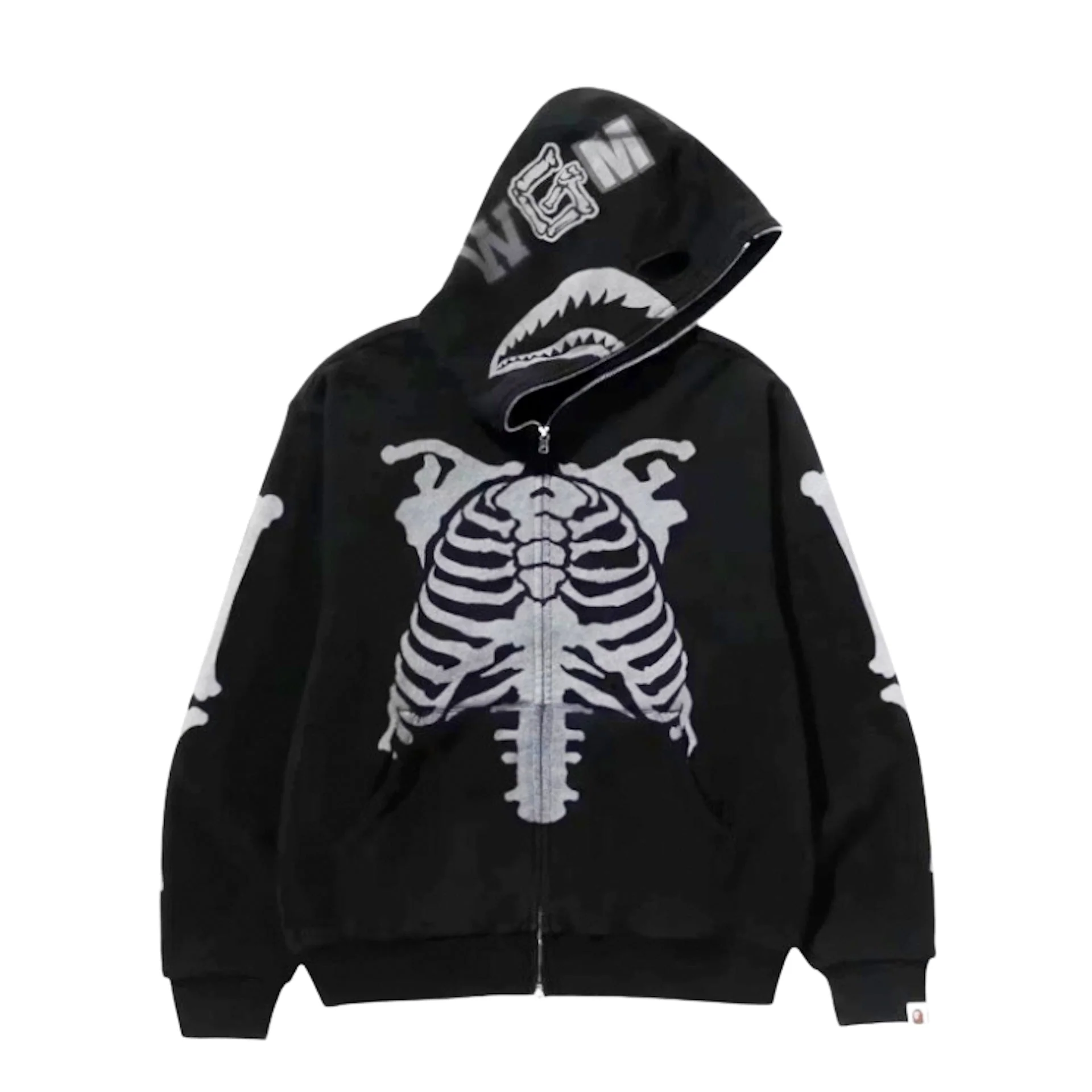 BAPE Skeleton Shark Heavy Washed Cropped Fit Full Zip Hoodie Black