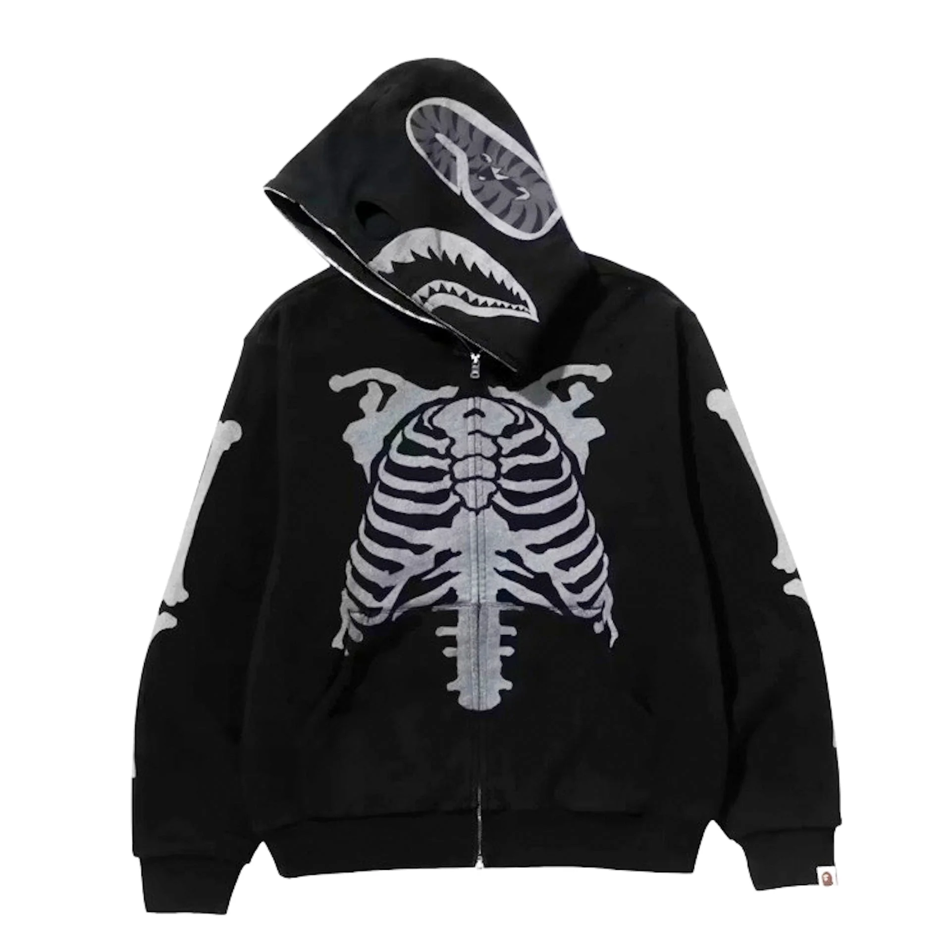 BAPE Skeleton Shark Heavy Washed Cropped Fit Full Zip Hoodie Black - Image 2