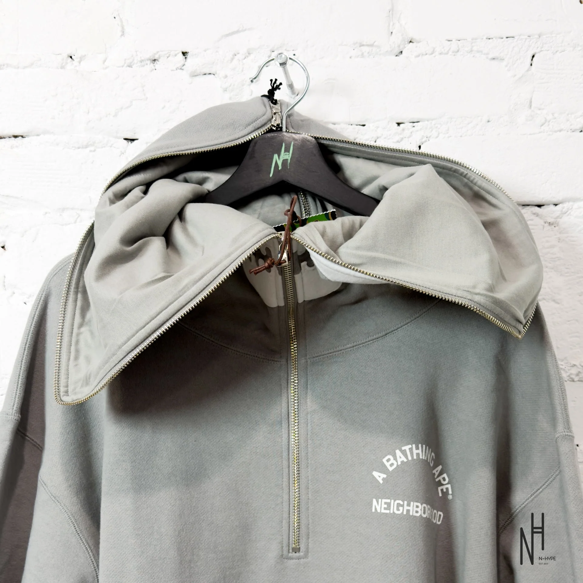 BAPE x Neighborhood Two Face Half Zip Pullover Hoodie Gray - Image 5