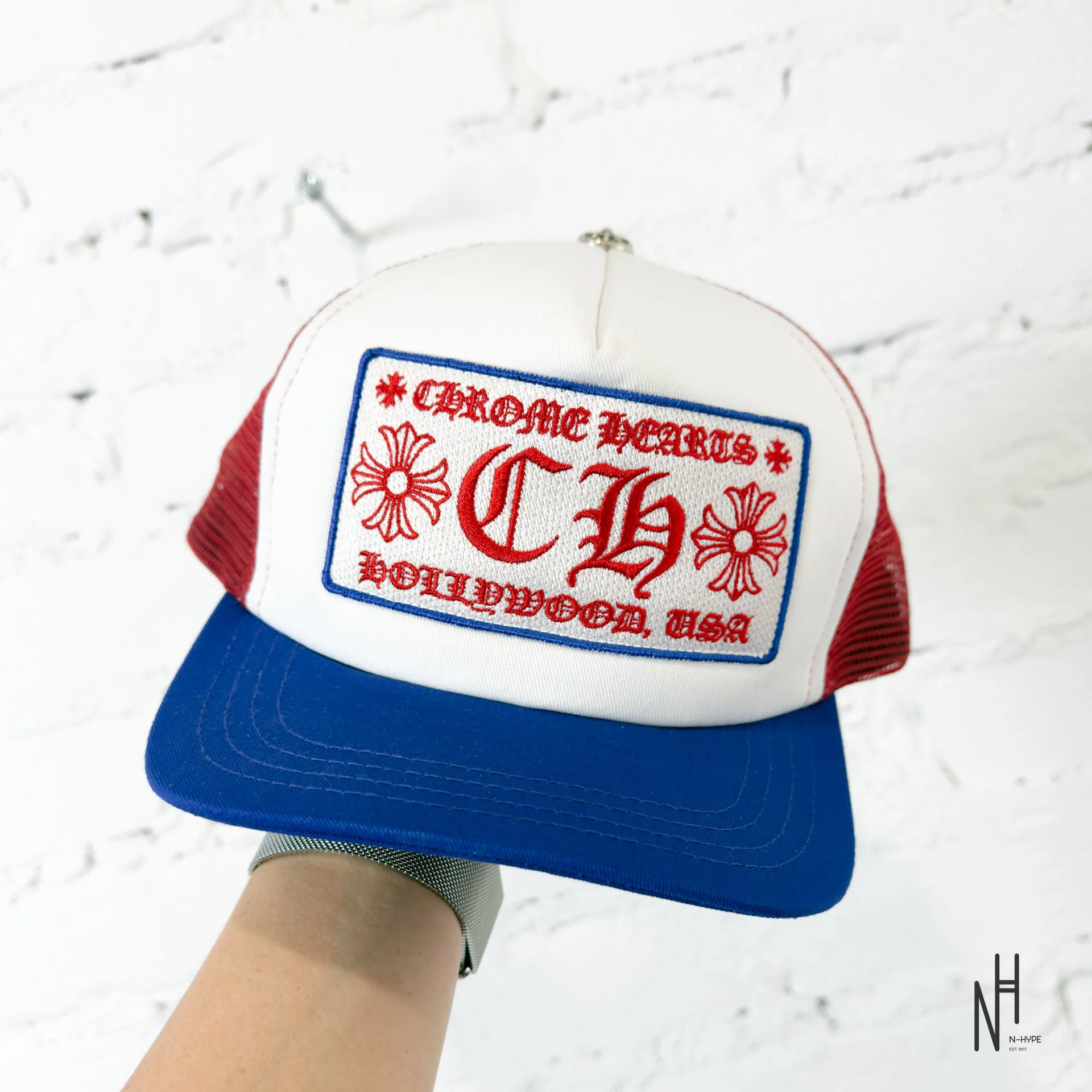 Chrome Hearts CH Hollywood Trucker Hat 4th of July White/Red/Blue - Image 3