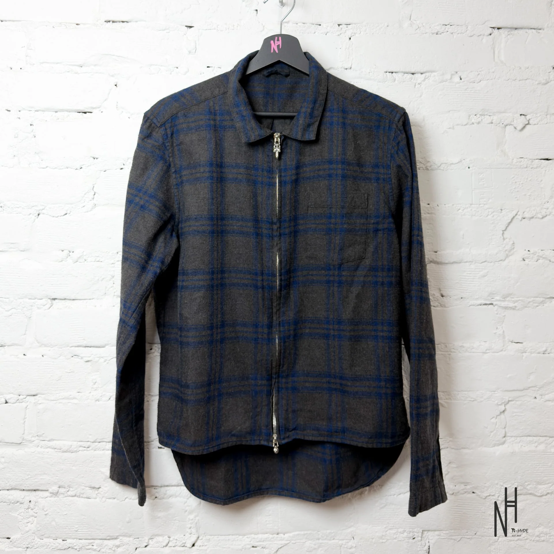 Chrome Hearts Checkered Zipper Dark Gray / Navy Patched Shirt