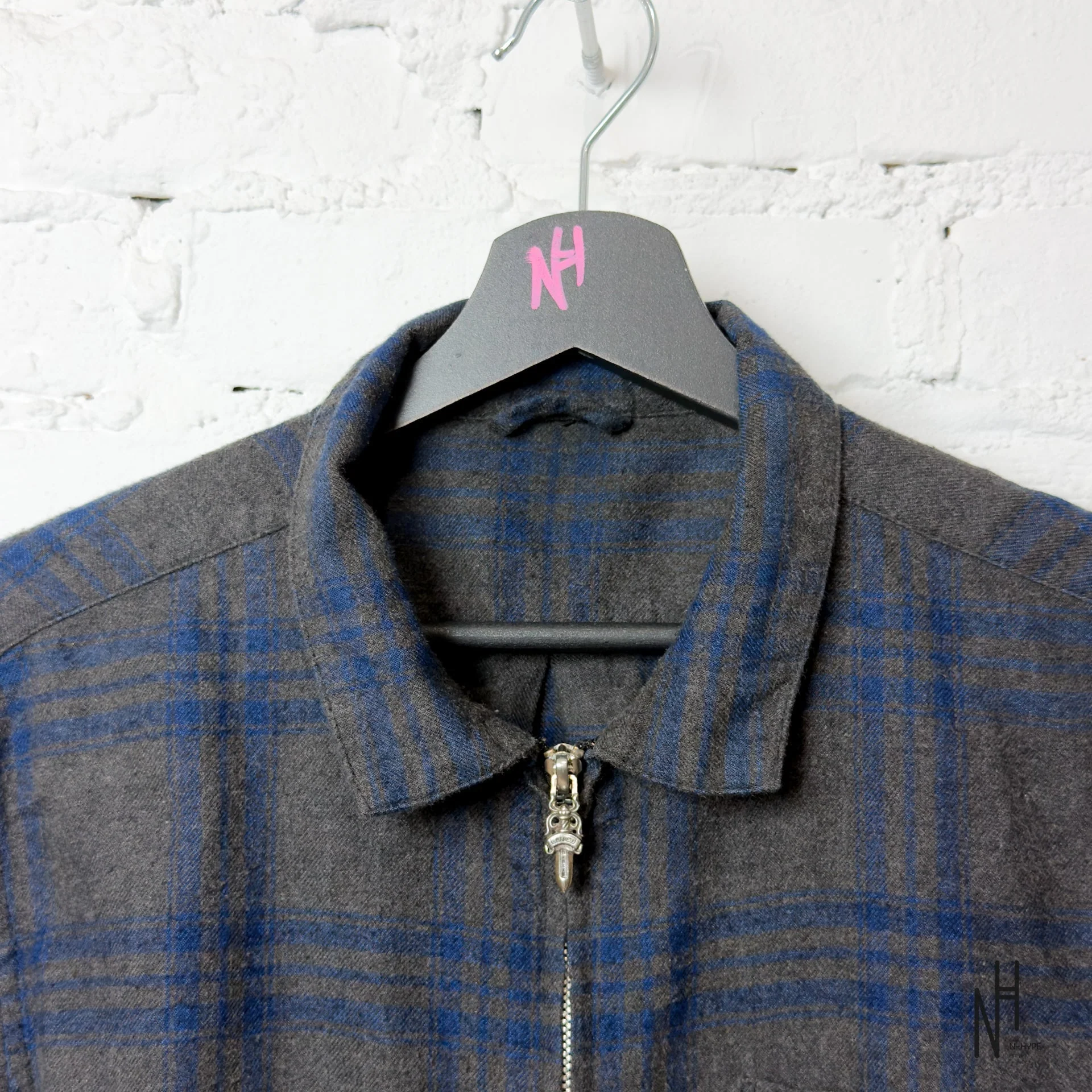 Chrome Hearts Checkered Zipper Dark Gray / Navy Patched Shirt - Image 2