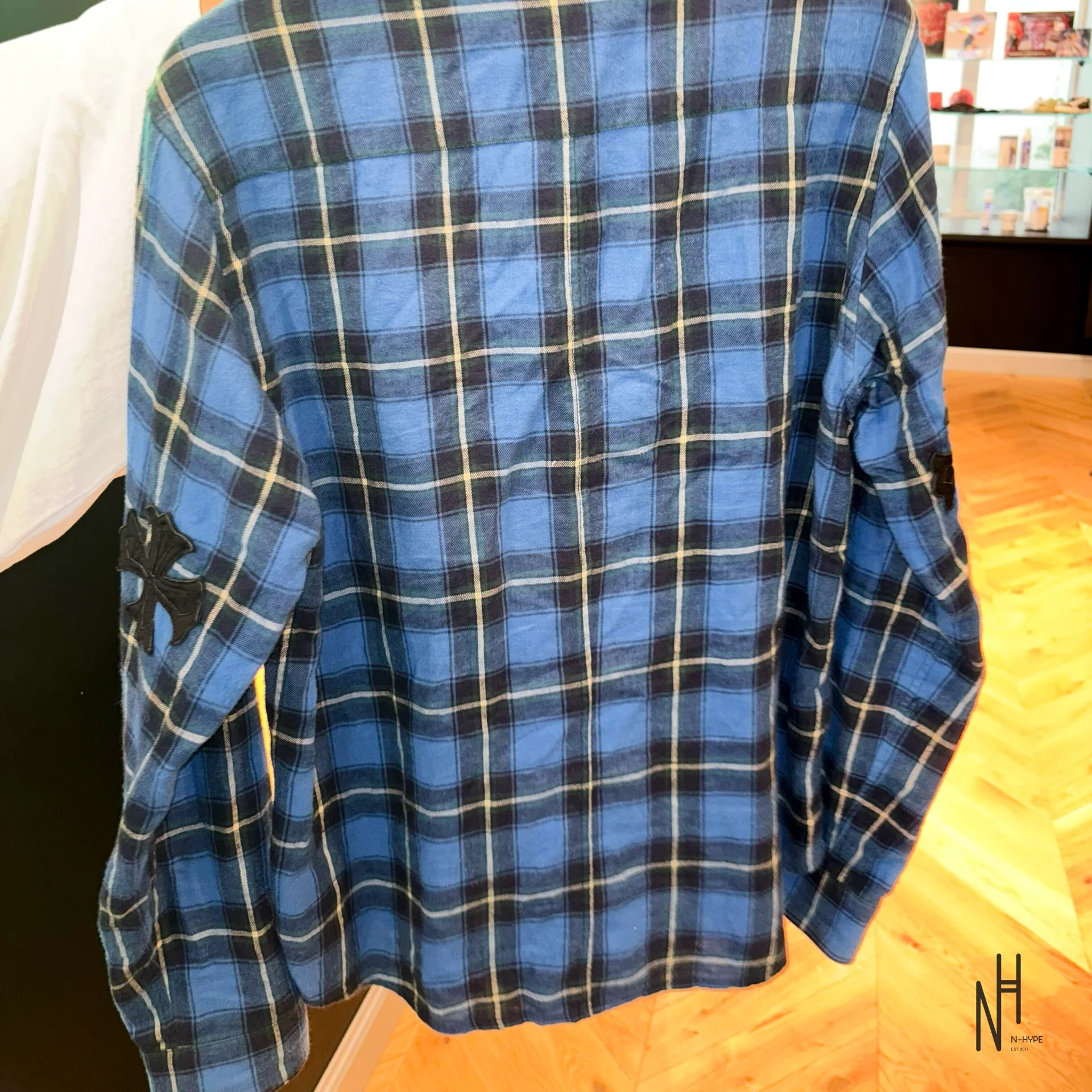 Chrome Hearts Cross Patched Flannel Shirt checkered blue - Image 4
