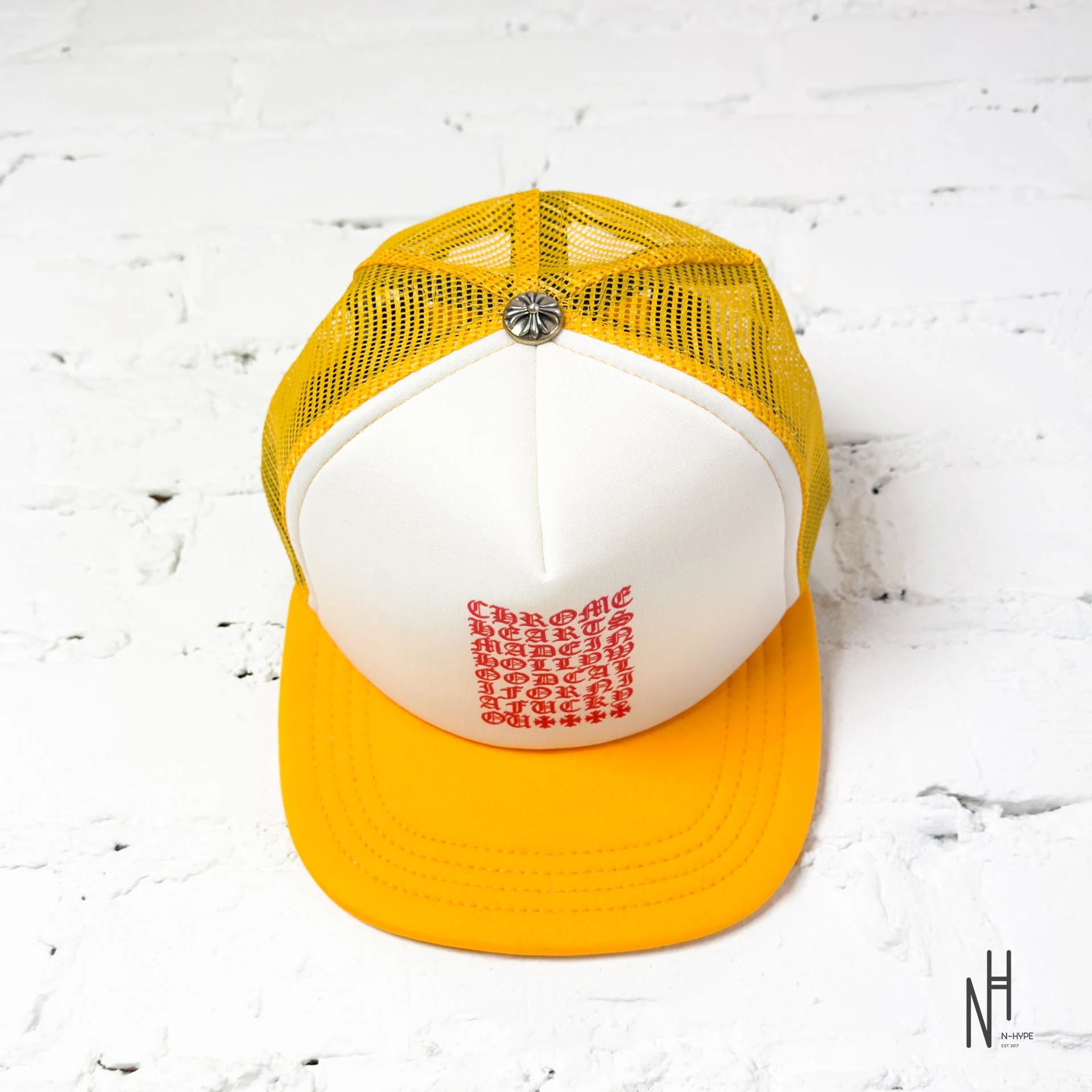 Chrome Hearts Eyechart Trucker Hat Yellow/White/Red