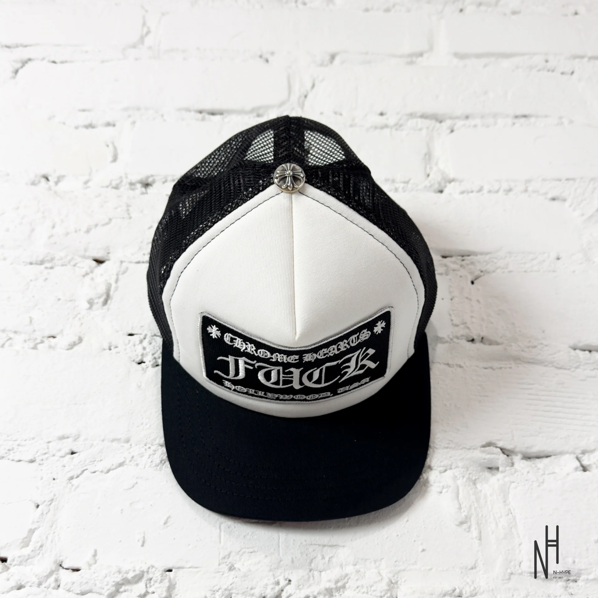 Chrome Hearts FUCK Hollywood Trucker Hat Black / White