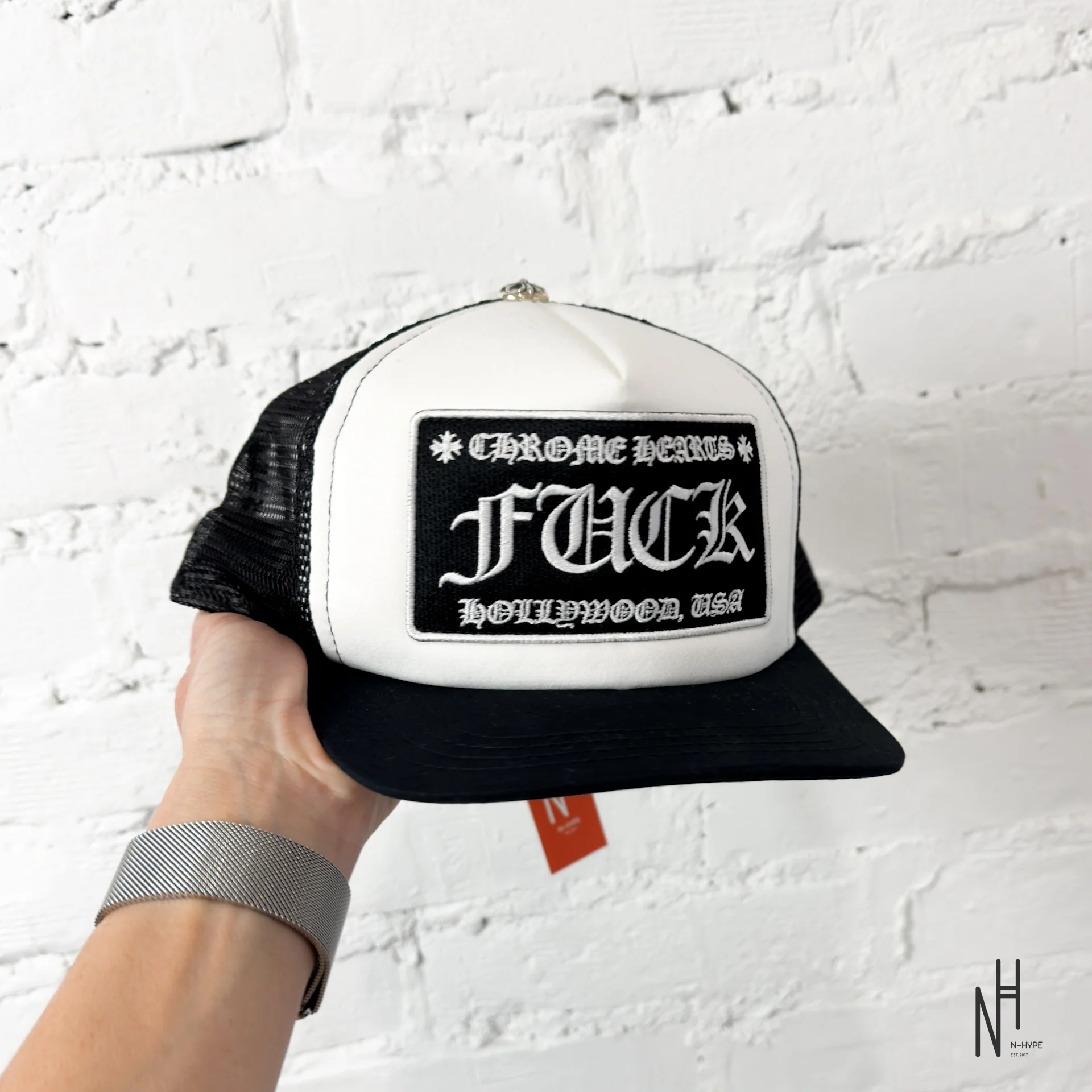 Chrome Hearts FUCK Hollywood Trucker Hat Black / White - Image 3