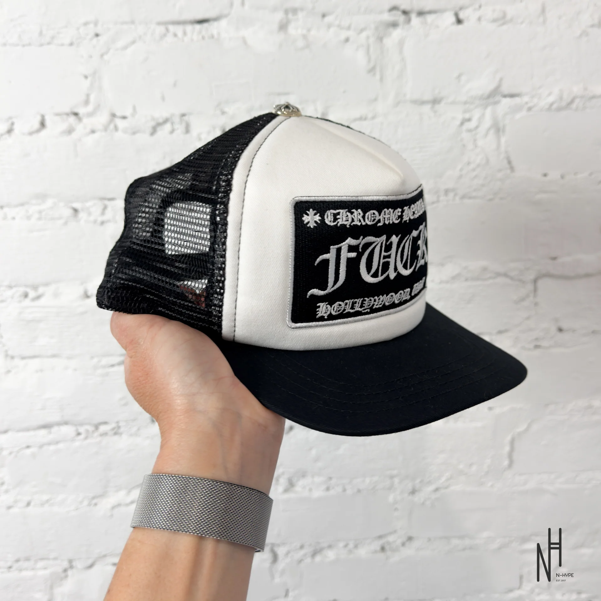 Chrome Hearts FUCK Hollywood Trucker Hat Black / White - Image 4