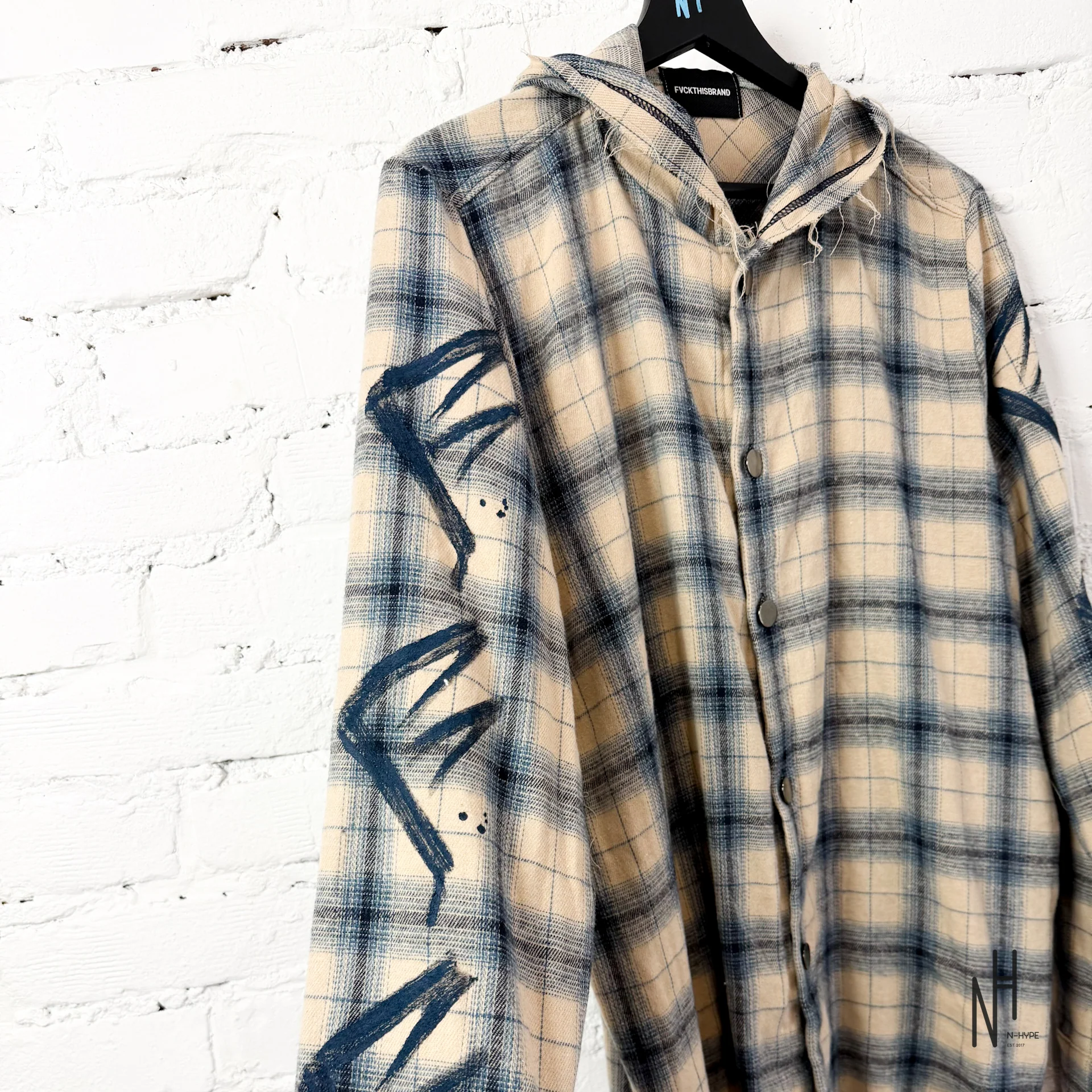 FVCKTHISBRAND PAINTED FLANEL SHIRT WHITE NAVY - Image 3