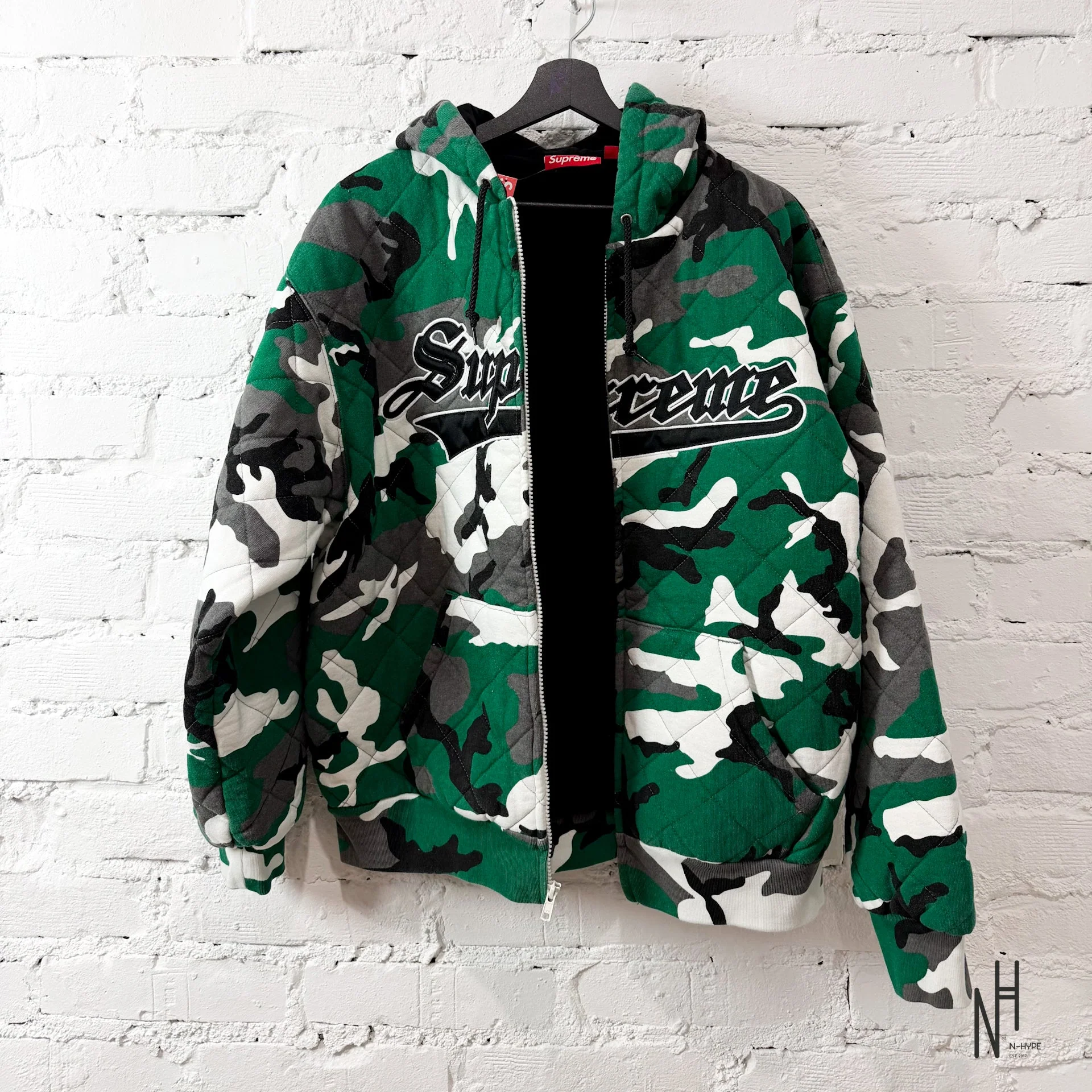Supreme Quilted Zip Up Hooded Sweatshirt / Green Camo