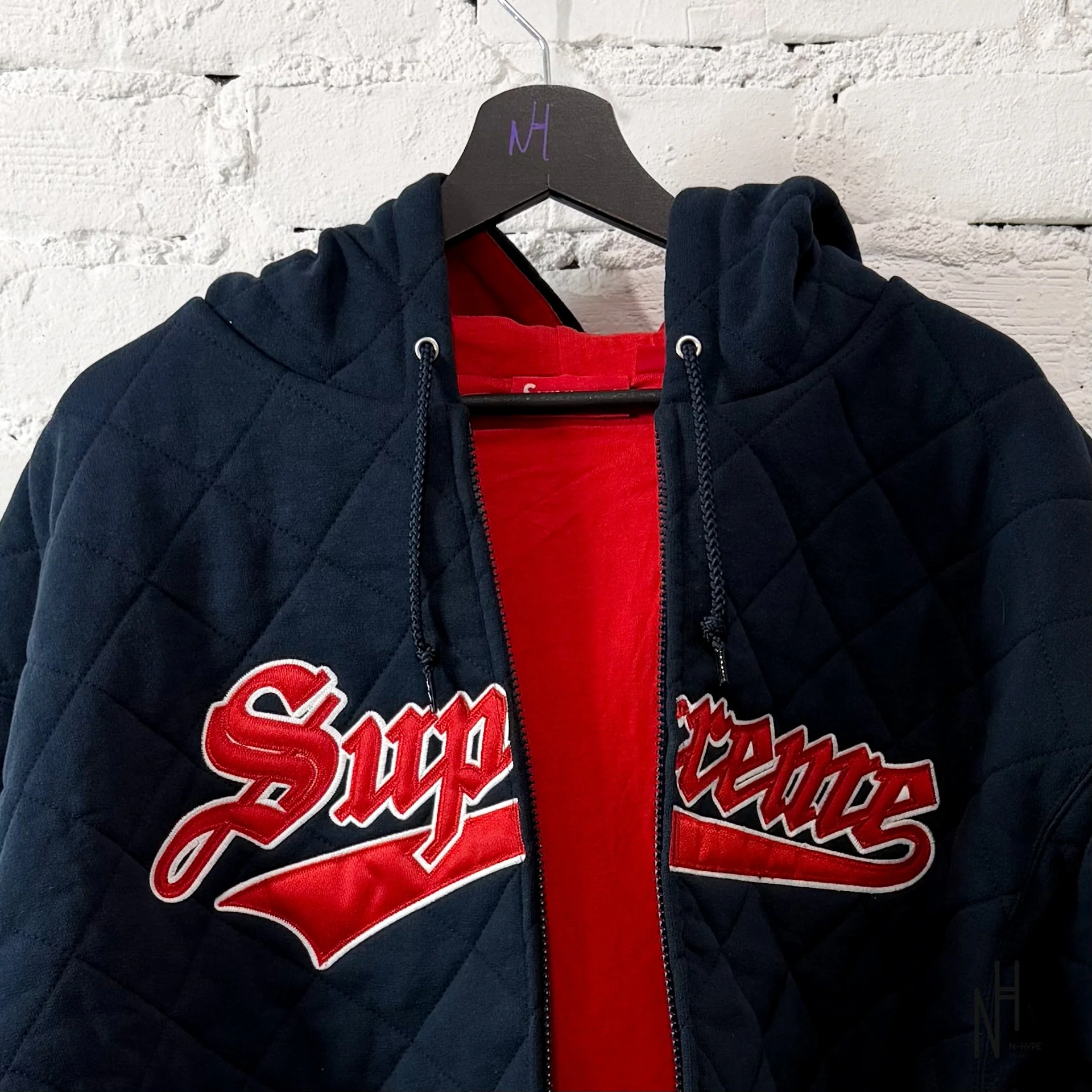 Supreme Quilted Zip Up Hooded Sweatshirt / Navy - Image 2