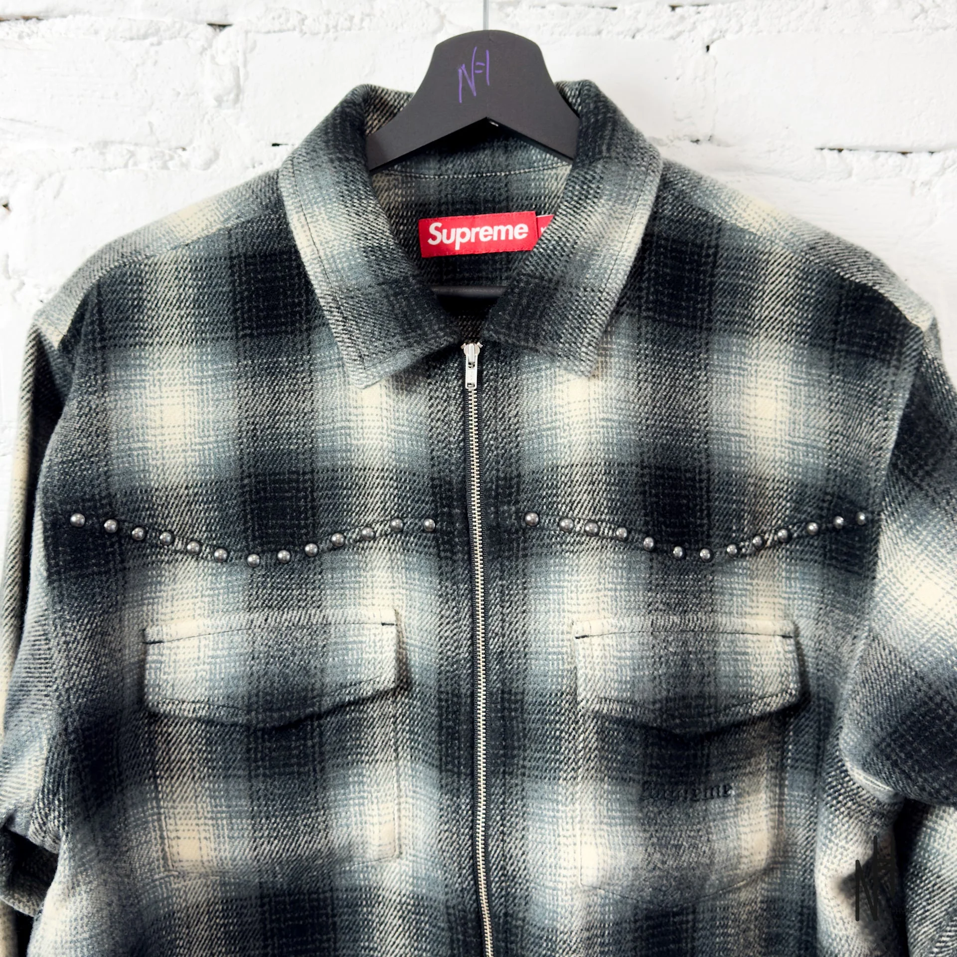 Supreme Studded Shadow Plaid Zip Up Shirt Black - Image 2