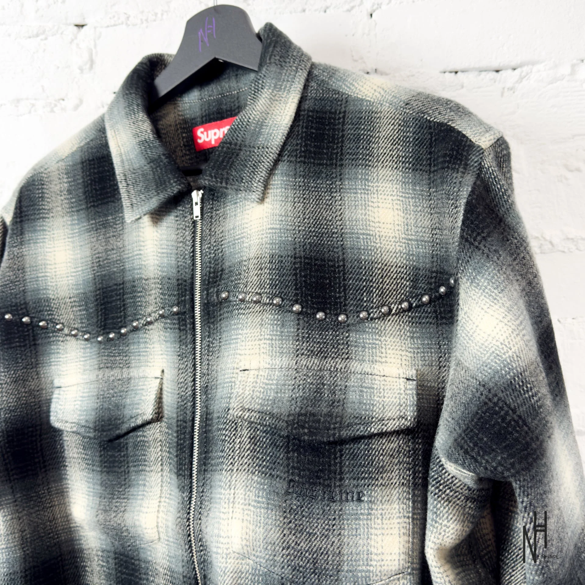 Supreme Studded Shadow Plaid Zip Up Shirt Black - Image 3
